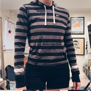 Nike black, grey, white striped hoodie  Striped hoodie, large embroidered logo